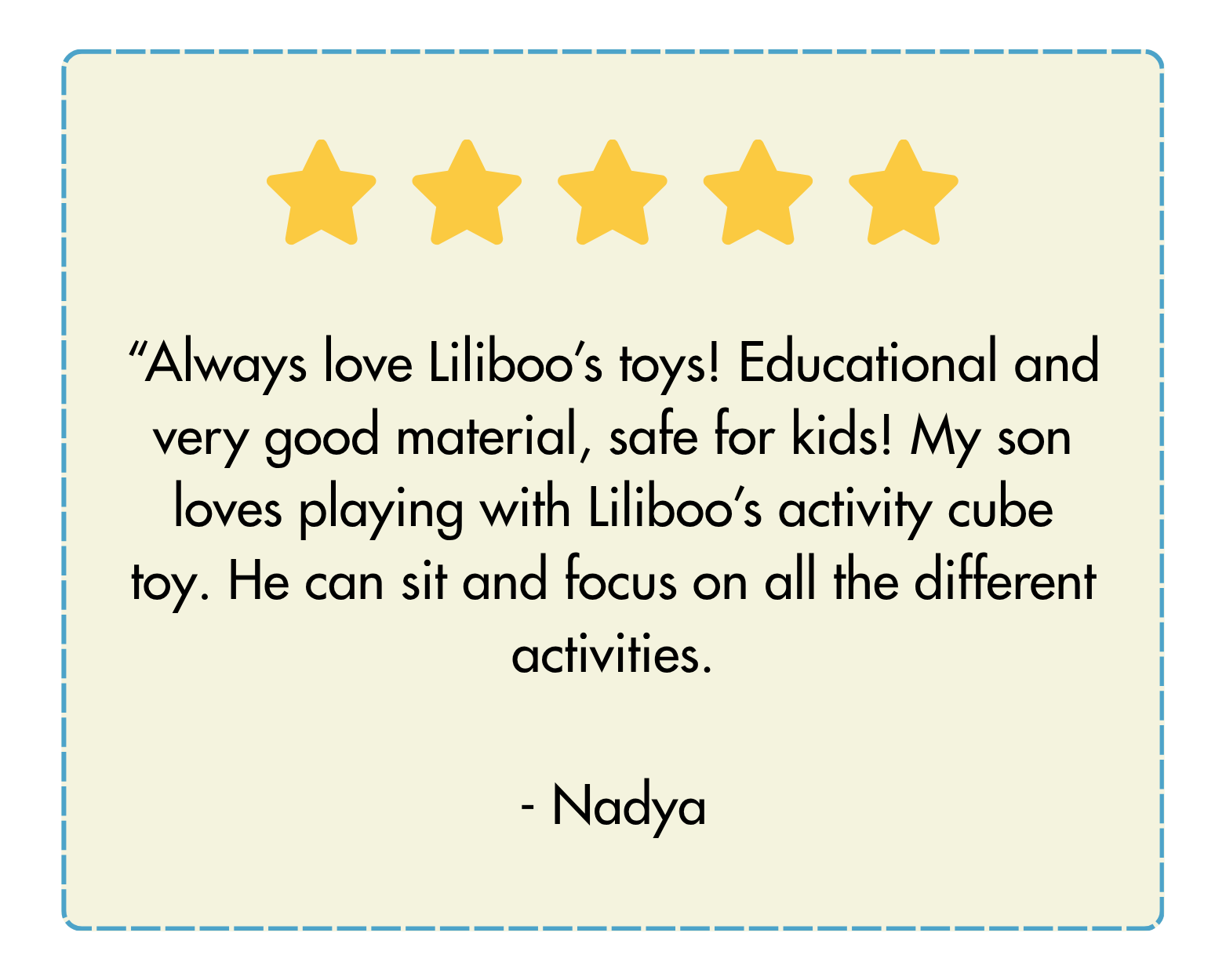 5-star customer review for Liliboo wooden toys from Nadya