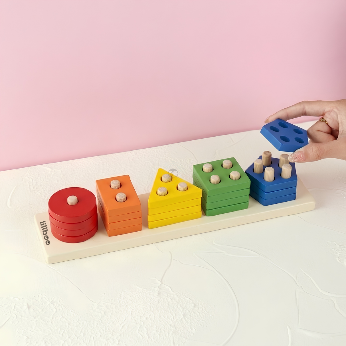 KURI Basic Geometry Sorting Stacking 3 In 1 - Mainan Puzzle Kayu by Liliboo