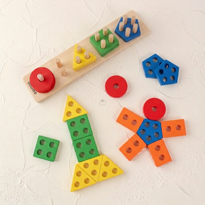 KURI Basic Geometry Sorting Stacking 3 In 1 - Mainan Puzzle Kayu by Liliboo