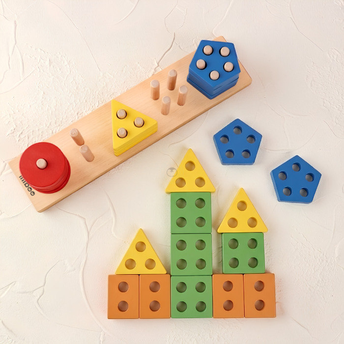 KURI Basic Geometry Sorting Stacking 3 In 1 - Mainan Puzzle Kayu by Liliboo